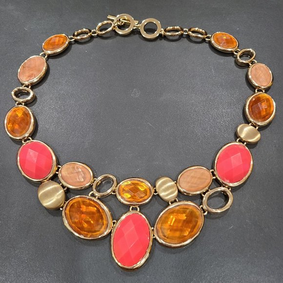 Anne Klein Jewelry - Anne Klein Statement Necklace - Gold and Orange Circles, Ovals - EUC